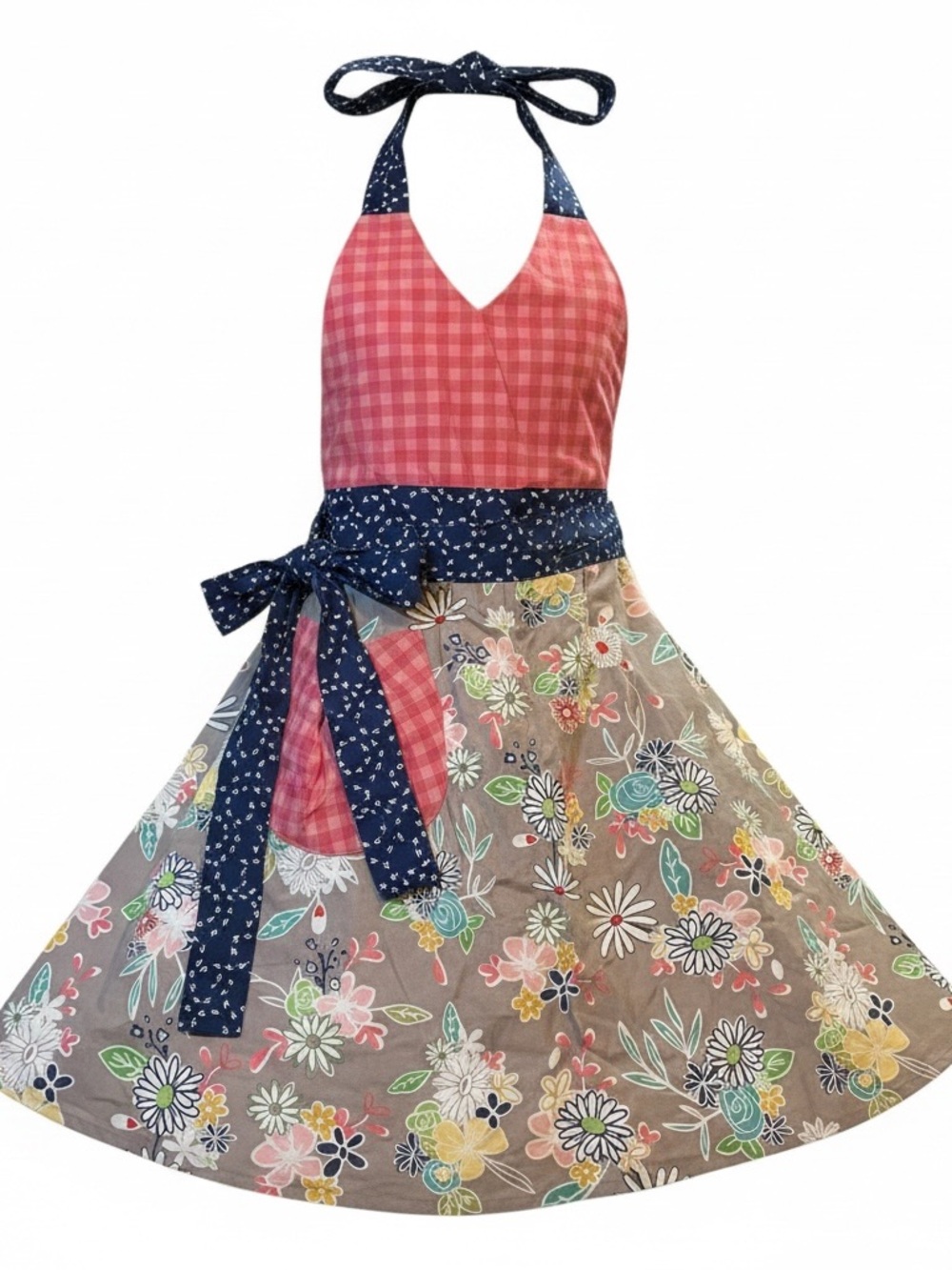Floral Halter Apron Dress in Coral, Navy & Taupe